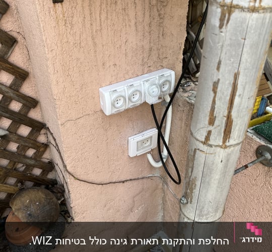 שקעי חשמל מותקנים על קיר חיצוני עם כבלים